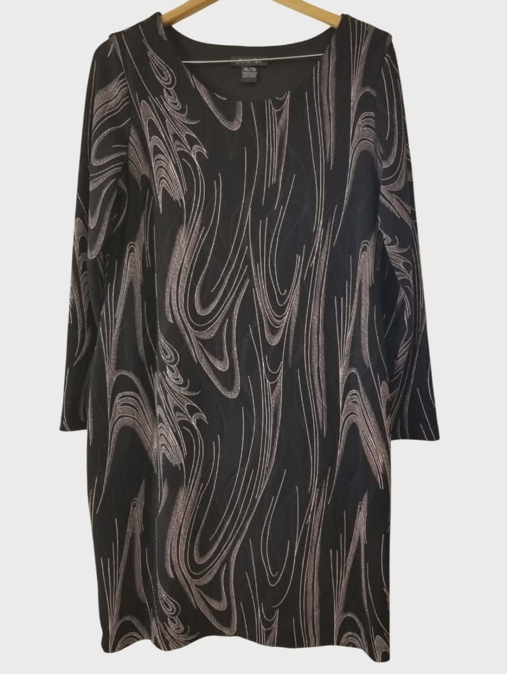 Michael Tyler Black Long-Sleeve Swirl Pattern Dress With Stretch Size XL